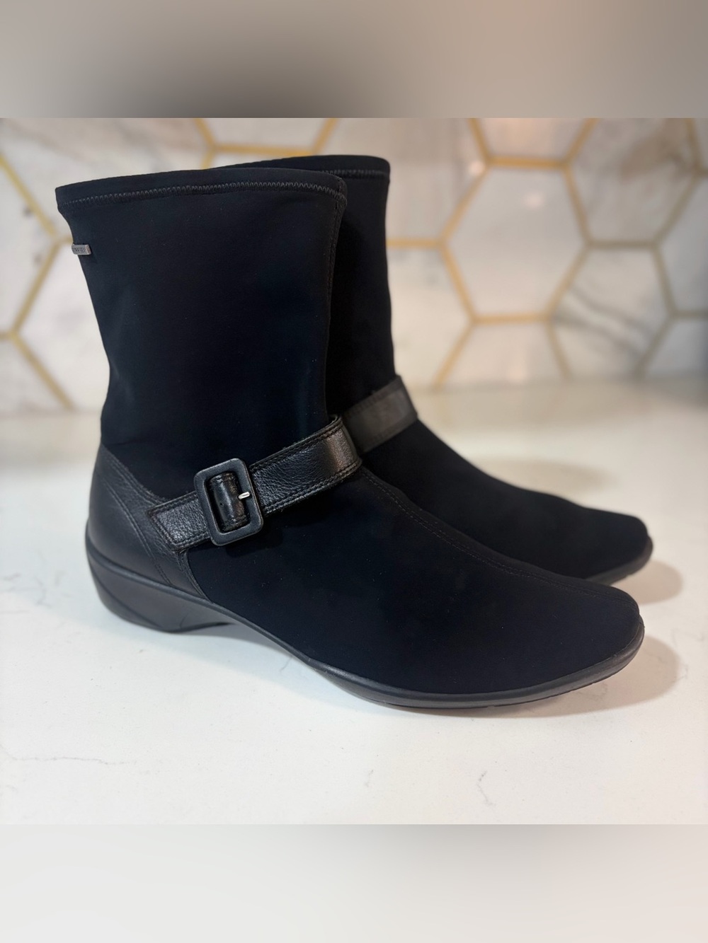 ECCO Gore-Tex Black Stretch Ankle Boots Waterproof Leather Buckle EU 39